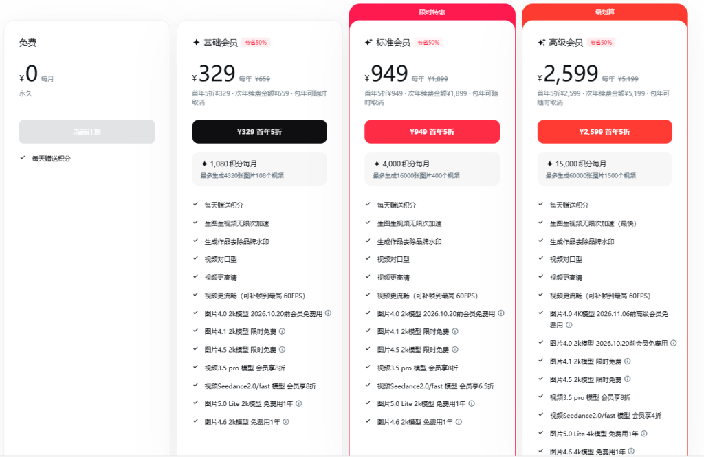 即梦AI订阅价格表